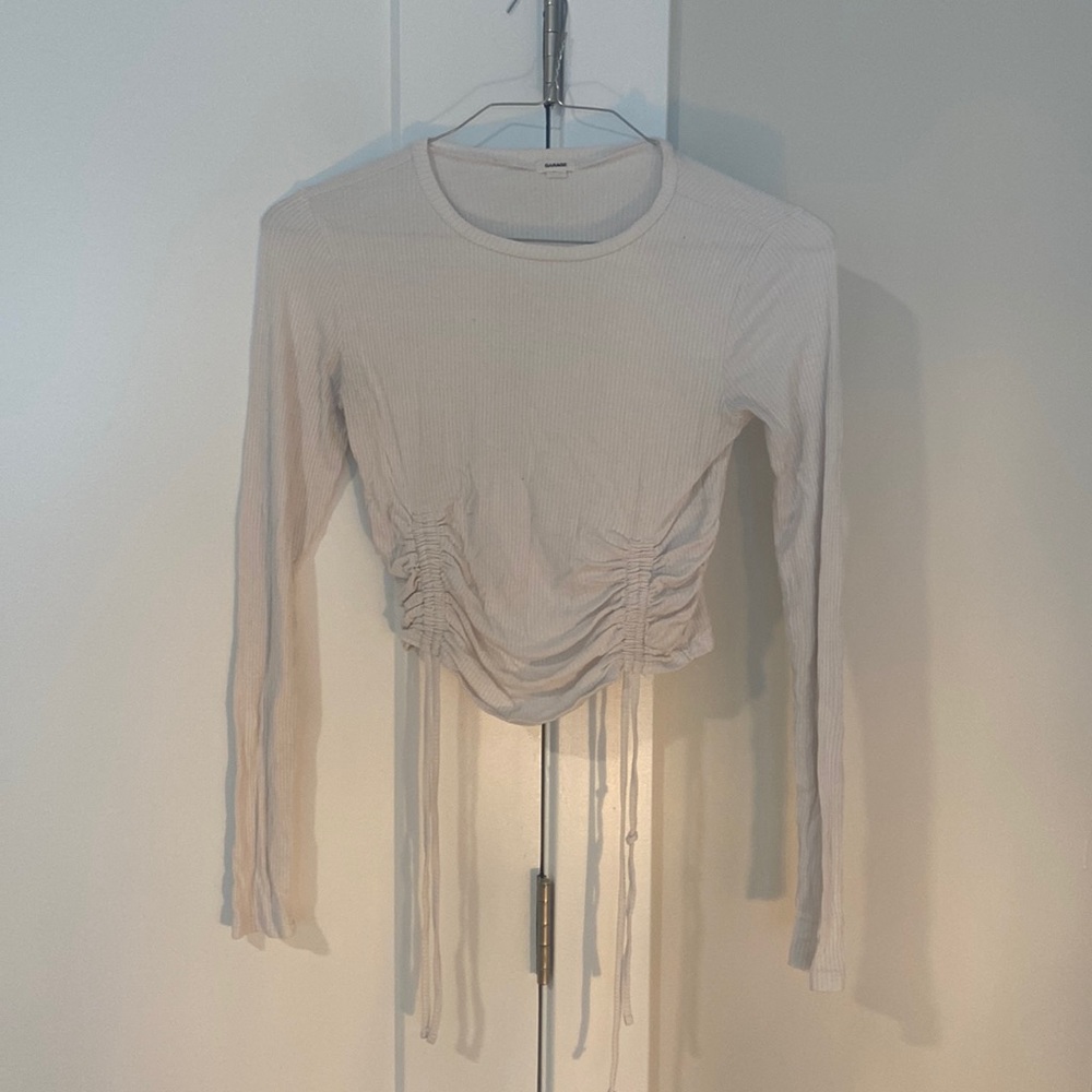 White Ribbed Long Sleeve with Front Ruching